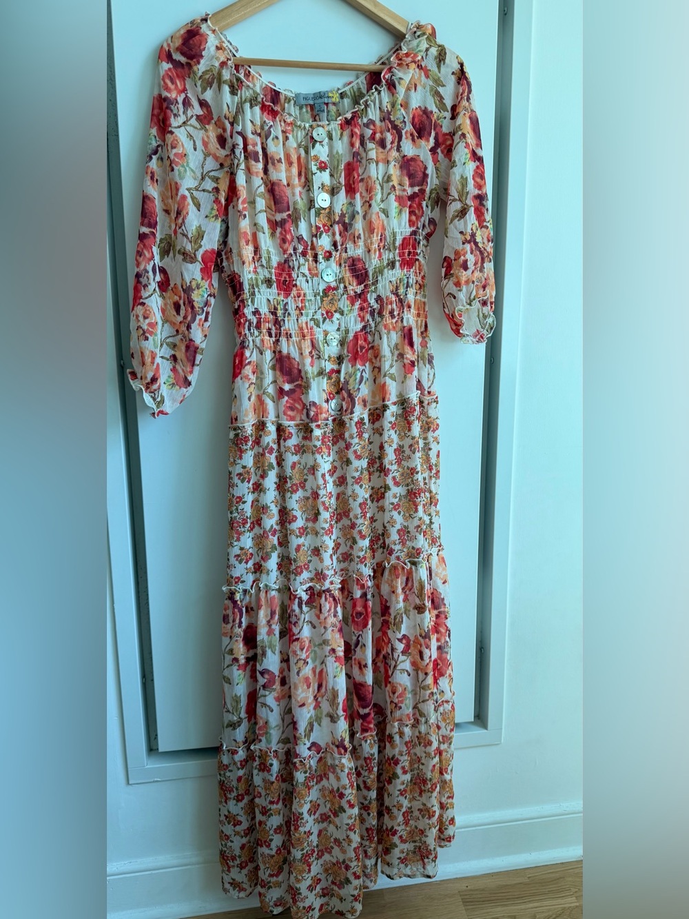 Floral Tiered Button-Front Maxi Dress in Red and Cream